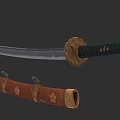 Traditional Japanese Katana Weapon With Red Scabbard Green Handle And Golden Decorations