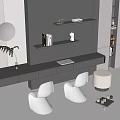 Contemporary Black Desk With White Chairs Wall Shelves Table Lamp And Decor