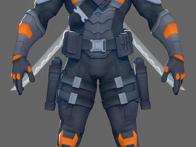 Armored Black and Orange Game and Movie Character with Full Body Armor Details 3d model