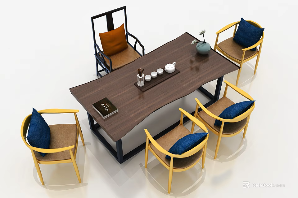 Modern Tea Table and Chairs with Yellow Legs Black Backrest Blue Orange Cushions Tea Set 3d model 