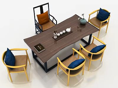 Modern Tea Table and Chairs with Yellow Legs Black Backrest Blue Orange Cushions Tea Set 3d model