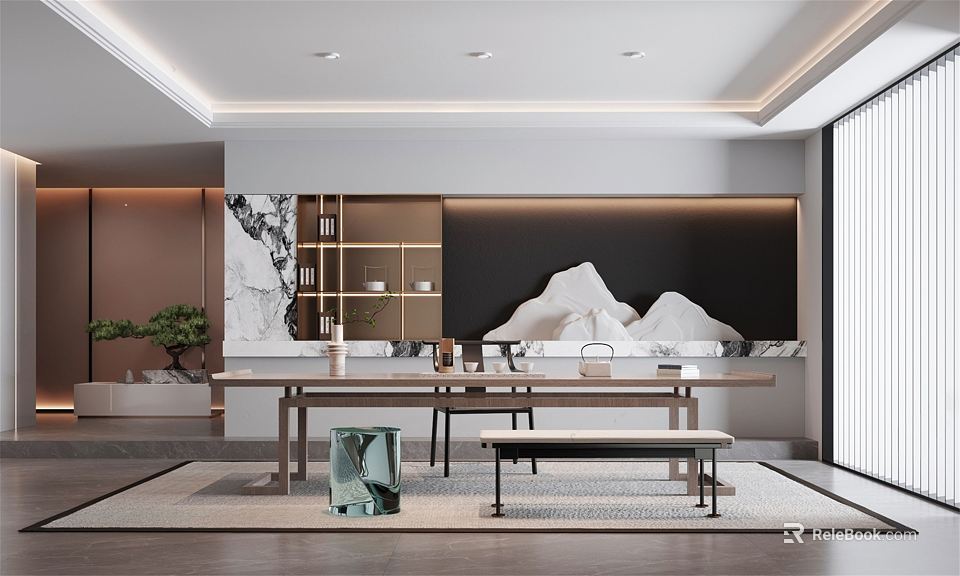 Modern Tea Room Interior Design With Wooden Tea Table Ceramic Sets And Mountain Painting 3d model 