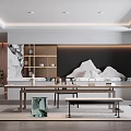 Modern Tea Room Interior Design With Wooden Tea Table Ceramic Sets And Mountain Painting