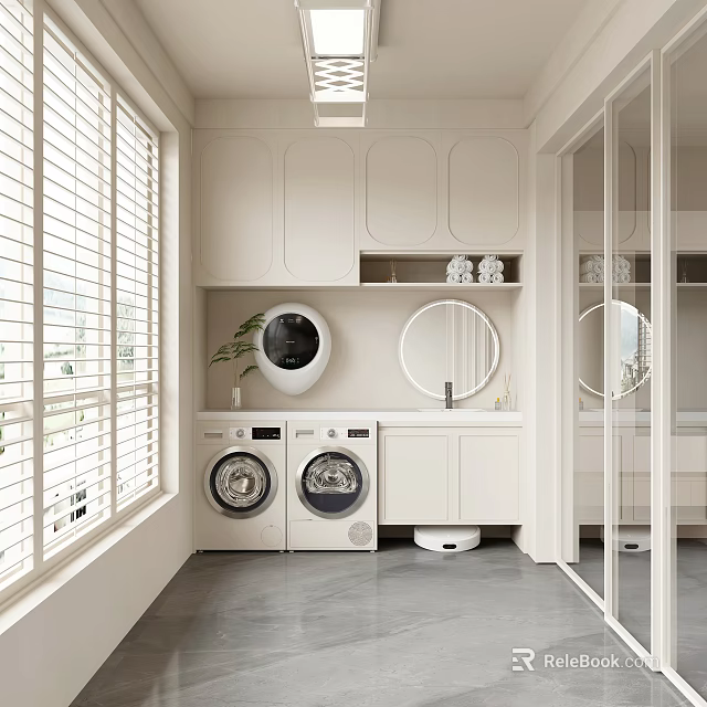 Home Balcony Design with Window Blinds Washing Machine Cabinets Round Mirror and Potted Plant 3d model 