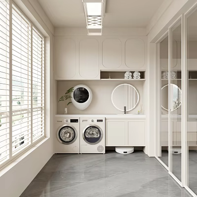 Home Balcony Design with Window Blinds Washing Machine Cabinets Round Mirror and Potted Plant 3d model