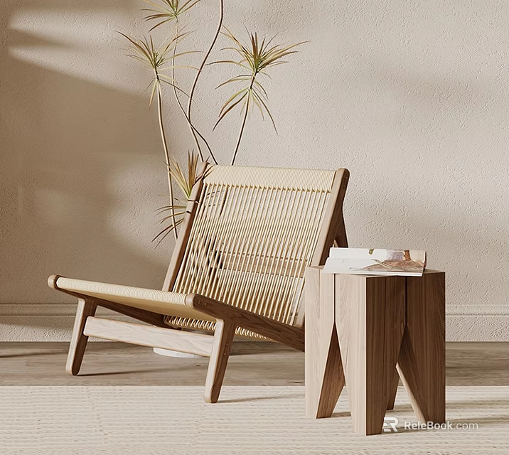 Wicker Single Sofa with Wooden Side Table and Plant in Light Wall Room 3d model 