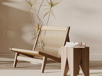 Wicker Single Sofa with Wooden Side Table and Plant in Light Wall Room 3d model