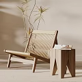 Wicker Single Sofa with Wooden Side Table and Plant in Light Wall Room
