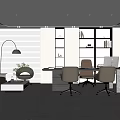 Modern Office Interior Design With Sofa Coffee Table Floor Lamp Potted Plant Bookshelf Desk Chairs