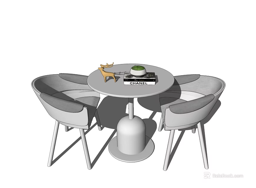 Modern Round Dining Table With Four Chairs And Decorative Items On Top 3d model
