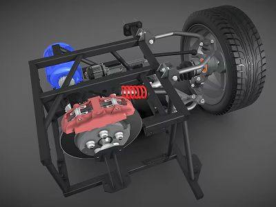 Automotive Engine With Red Brake Components Black Frame And Tire Suspension System 3d model
