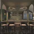 Elegant Restaurant Interior with Green Walls Wooden Elements Glass Partition and Round Decor