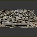 Decorative Rustic Stacked Stone Wall With Wooden Bench And Stone Slab Base 3d model