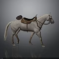 Light Gray Standing Horse With Detailed Brown Leather Saddle And Bridle