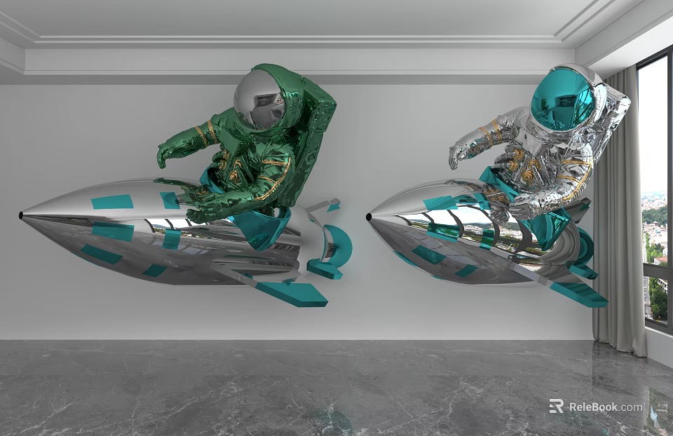 Metallic Astronaut Sculptures Riding Silver Green Rocket On White Wall Interior 3d model 