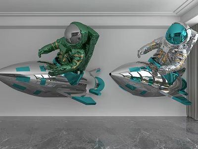 Metallic Astronaut Sculptures Riding Silver Green Rocket On White Wall Interior 3d model
