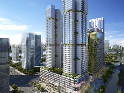 Modern High Rise Residential Building With Vertical Greenery And Glass Facade In Urban Area 3d model