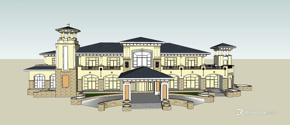 Classical Sales Office Building With Tower Front Portico Large Windows And Stone Steps 3d model