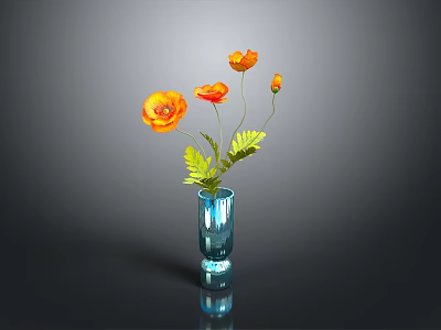 Orange Flowers With Green Leaves In Blue Vase On Dark Reflective Surface 3d model