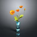 Orange Flowers With Green Leaves In Blue Vase On Dark Reflective Surface