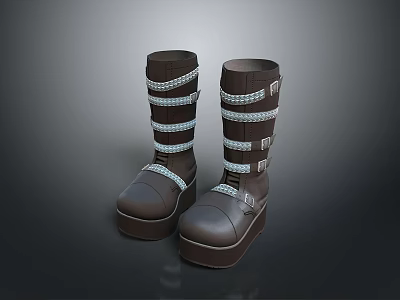 Brown Leather Boots With Multiple Straps And Platform Soles For Daily Use 3d model