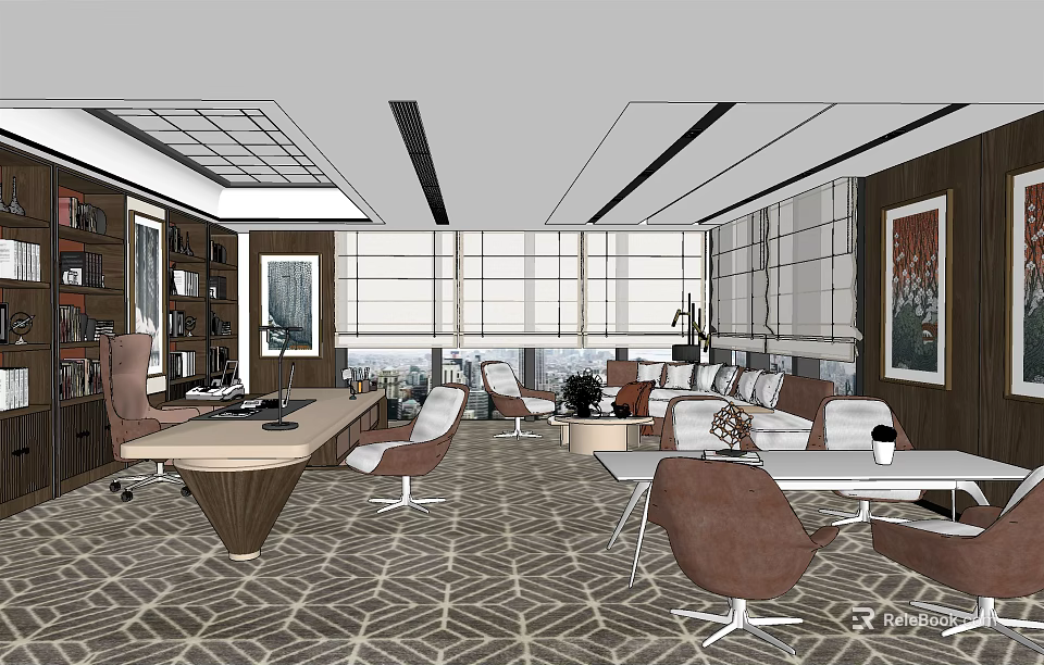 Modern Office Interior Design With Wooden Desk Sofa Bookshelves And Large Windows 3d model 