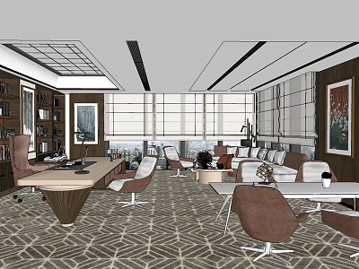 Modern Office Interior Design With Wooden Desk Sofa Bookshelves And Large Windows 3d model