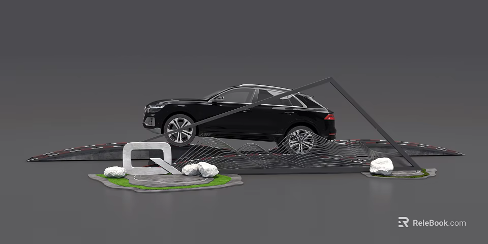 Black SUV Car With Q Logo On Display Scene Road And Stones 3d model 
