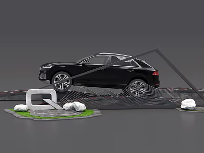 Black SUV Car With Q Logo On Display Scene Road And Stones 3d model