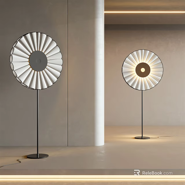 Modern Minimalist Floor Lamp With Radial White Shade And Black Metal Stand 3d model 