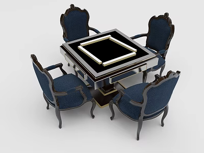 Elegant Entertainment Table With Square Black Top And Four Dark Framed Blue Chairs 3d model