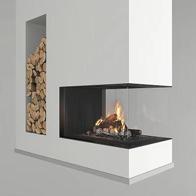Modern White Fireplace Design With Firewood Pile And Burning Flames 3d model