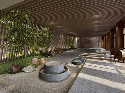 Chinese Style Exhibition Hall With Bamboo Plants Water Feature And Natural Lighting 3d model