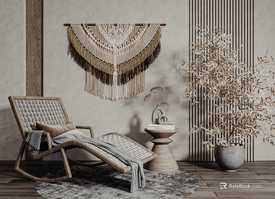 Woven Wooden Lounge Chair with Cushion and Blanket Near Macramé Wall Hanging and Potted Plant 3d model 