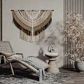 Woven Wooden Lounge Chair with Cushion and Blanket Near Macramé Wall Hanging and Potted Plant