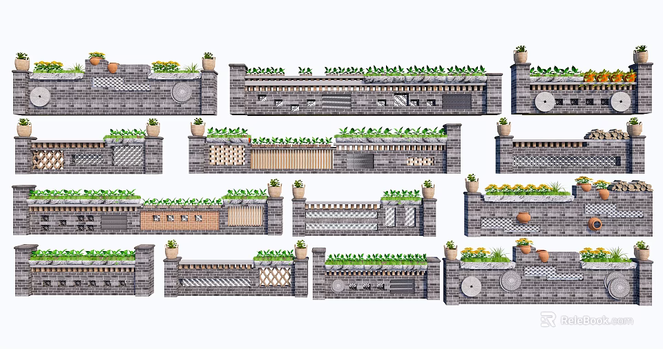 Creative Garden Wall Designs Featuring Green Plants And Diverse Brick Patterns 3d model
