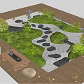 Serene Courtyard Garden with Wooden Deck Green Lawn Stone Pathway and Round Stone Seats