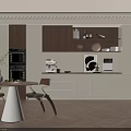 Elegant Walnut And Cream White Sideboard With Built In Appliances And Warm Lighted Display Shelves
