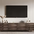 Wooden TV Stand with Drawers Decorative Vase Books and Vertical Striped Wall