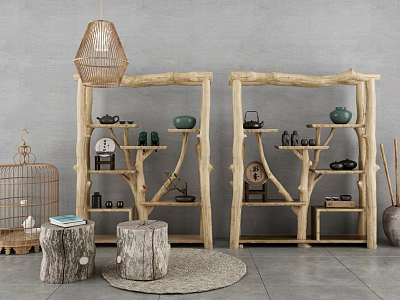 Natural Wooden Branch Shaped Shelving Units With Tea Sets And Decorative Items 3d model