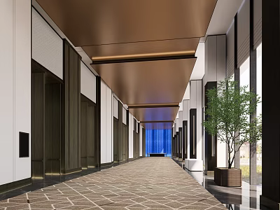 Modern Elevator Hallway Interior With Patterned Carpet Wooden Ceiling And Decorative Plant 3d model
