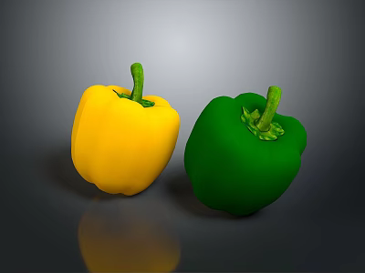 Fresh Yellow and Green Bell Peppers on Gray Background with Reflection 3d model