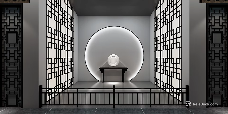 Traditional Exhibition Hall With Lattice Walls Circular Illuminated Backdrop Black Table And White Circular Artifact 3d model 
