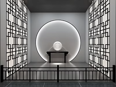 Traditional Exhibition Hall With Lattice Walls Circular Illuminated Backdrop Black Table And White Circular Artifact 3d model