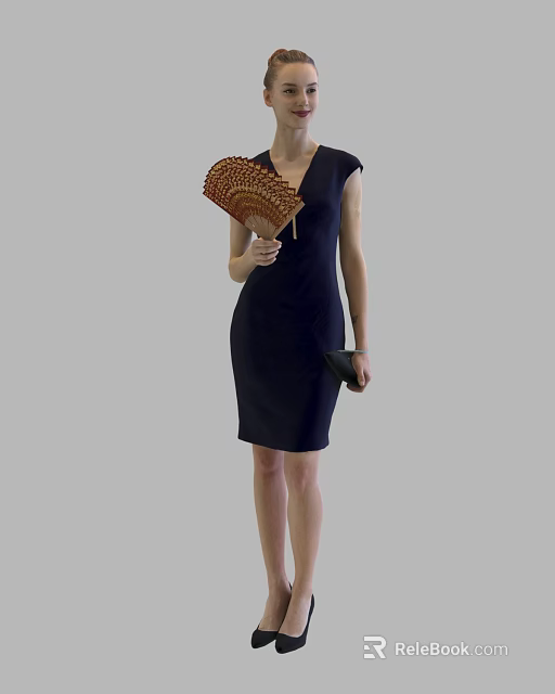 Elegant Woman In Black Dress Holding Decorative Fan And Clutch Bag 3d model 