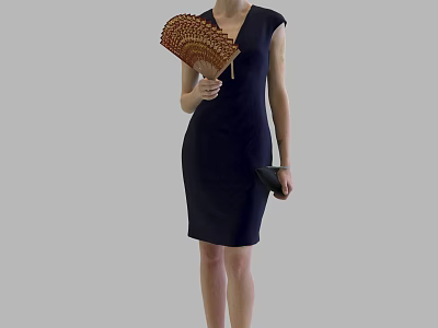 Elegant Woman In Black Dress Holding Decorative Fan And Clutch Bag 3d model