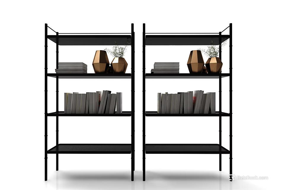 Black Metal Bookshelves With Multiple Shelves Filled With Books And Decorative Vases 3d model 