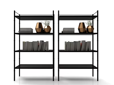 Black Metal Bookshelves With Multiple Shelves Filled With Books And Decorative Vases 3d model
