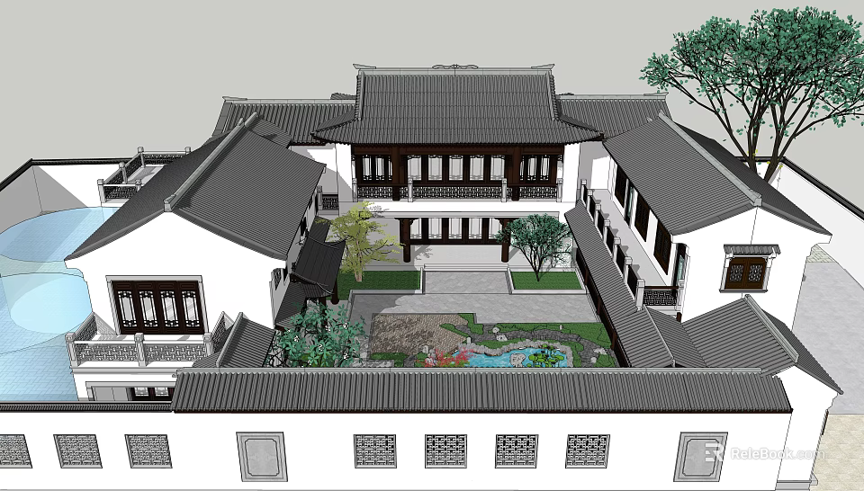 Chinese Style Detached Villa With Traditional Roof Courtyard Water Feature And Green Plants 3d model 