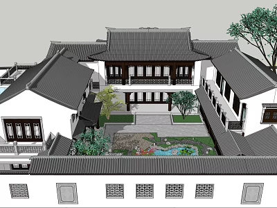 Chinese Style Detached Villa With Traditional Roof Courtyard Water Feature And Green Plants 3d model